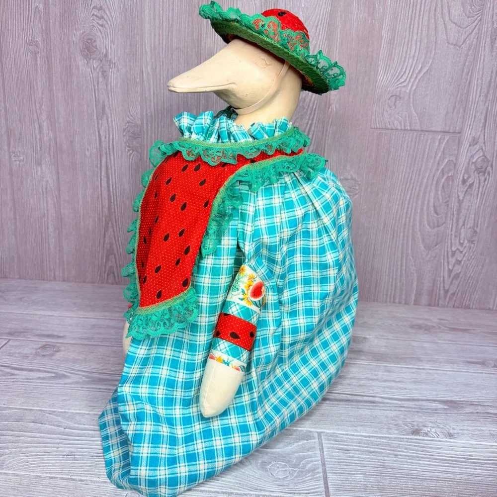 Vintage hand made porch goose outfit / clothes wicker hat and watermelon dress - Picture 4 of 6